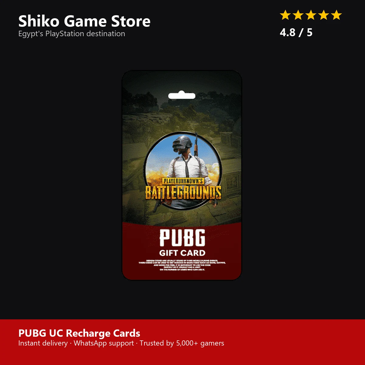 PUBG UC Recharge Cards — rated 4.8 stars by 5000+ gamers at Shiko Game Store